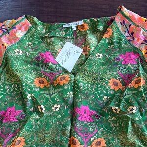 Benares Green Floral V-Neck Top with Pink & Orange Accents
